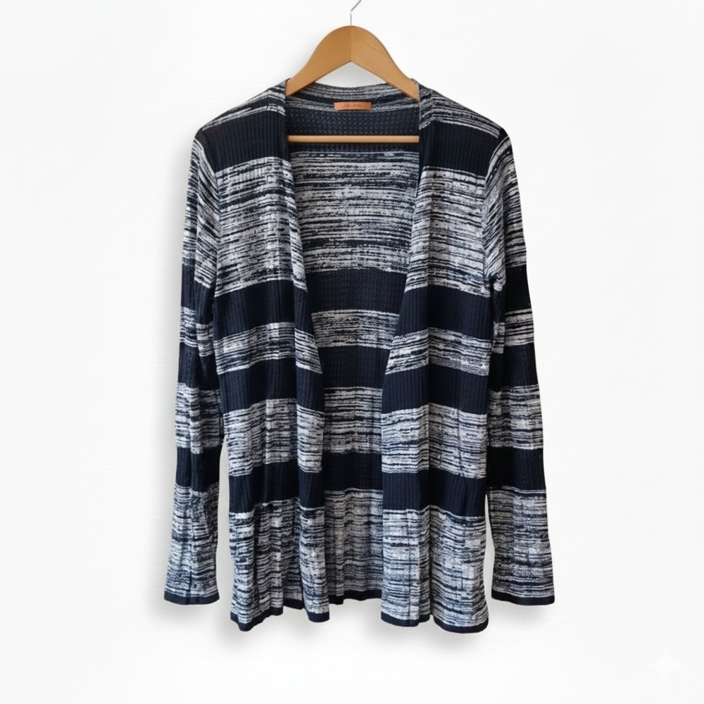 Belldini Large Striped Open Crochet Cardigan Sweater Blue‎ Gray Knit Stretch